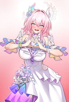 1girl @_@ absurdres alternate_breast_size_(larger) bare_shoulders blue_eyes blush bonz0616 breasts commentary cosplay cyrene_(demiurge)_(honkai:_star_rail) cyrene_(honkai:_star_rail) cyrene_(honkai:_star_rail)_(cosplay) dotted_background dress embarrassed english_commentary flower gradient_eyes hair_between_eyes hair_flower hair_ornament heart heart_hands highres honkai:_star_rail honkai_(series) large_breasts looking_at_viewer march_7th_(honkai:_star_rail) medium_hair multicolored_eyes nose_blush open_mouth pink_background pink_hair purple_flower purple_rose rose smile solo white_dress