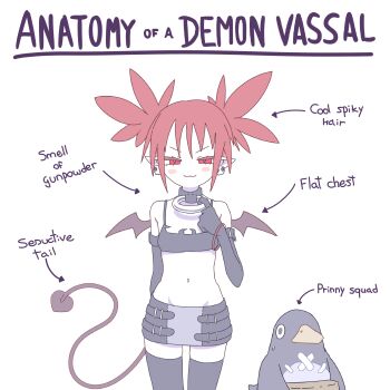 Rule 34 | 1girl, 4rdilla, :3, absurdres, adjusting choker, anatomy of a gamer (meme), arm behind back, arrow (symbol), bare shoulders, bat wings, bird, black choker, black gloves, black shirt, black skirt, black tail, black thighhighs, black wings, blush, blush stickers, bracelet, breasts, choker, closed mouth, cowboy shot, crop top, demon girl, demon tail, demon wings, disgaea, earrings, elbow gloves, english text, etna (disgaea), eyelashes, gloves, grey skirt, groin, highres, jewelry, looking at viewer, lowleg, lowleg skirt, makai senki disgaea, medium hair, meme, midriff, mini wings, miniskirt, narrowed eyes, naughty face, navel, o-ring, o-ring choker, o-ring collar, pendant choker, penguin, pointing out the details, pointy ears, prinny, red hair, shirt, sidelocks, simple background, skindentation, skirt, skull earrings, sleeveless, sleeveless shirt, slit pupils, small breasts, smug, solo, spaghetti strap, standing, straight-on, strap, stud earrings, tail, teasing, thigh gap, thighhighs, title, twintails, two-tone skirt, v-shaped eyebrows, white background, wings, zettai ryouiki