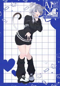 1girl alternate_costume animal_ears blue_eyes cat_ears cat_girl cat_tail cipher_(honkai:_star_rail) collared_shirt doodle_inset full_body grey_hair grid_background hashtag-only_commentary highres honkai:_star_rail honkai_(series) necktie shirt shoes shorts socks sweater tail teeth u7_u7u upper_teeth_only v watermark white_streaks