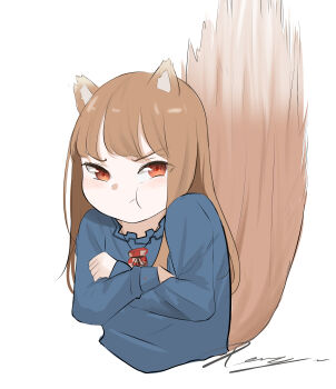 1girl :t absurdres angry animal_ears blue_shirt blunt_bangs blush brown_hair closed_mouth commentary cropped_torso crossed_arms expressive_tail eyes_visible_through_hair highres holo jewelry long_hair long_sleeves looking_at_viewer necklace penguin_sensei_(artist) pout red_eyes shirt signature simple_background solo spice_and_wolf straight_hair tail tail_raised tsurime upper_body v-shaped_eyebrows white_background wolf_ears wolf_girl wolf_tail