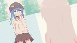 2girls accidental_exposure animated blue_hair blush censored embarrassed female_focus green_eyes hat highres hood hoodie loli long_hair looking_at_another looping_animation mosaic_censoring multiple_girls no_panties onii-chan_wa_oshimai! open_mouth outdoors oyama_mahiro pussy skirt tagme tenkawa_nayuta upskirt video wind wind_lift zu_(rcfw7727)