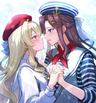 Rule 34 | 2girls, anchor hat ornament, beret, blonde hair, blue background, blue bow, blue shirt, blush, bow, breasts, brown hair, chair, chibinekopan, closed mouth, commentary request, earrings, eye contact, face-to-face, fingernails, from side, gradient background, grey necktie, hair between eyes, hair bow, half updo, hand up, hat, hat ornament, highres, holding hands, interlocked fingers, jewelry, light particles, long hair, long sleeves, looking at another, medium breasts, multiple girls, nail polish, neckerchief, necktie, official alternate costume, parted lips, pink eyes, profile, purple eyes, red hat, red nails, red neckerchief, saijou claudine, sailor, sailor collar, sailor hat, shirt, shoujo kageki revue starlight, sidelocks, smile, striped clothes, striped headwear, striped shirt, tearing up, tendou maya, three-quarter sleeves, two-tone background, upper body, vest, wavy hair, white background, white bow, white sailor collar, white shirt, white vest, yuri