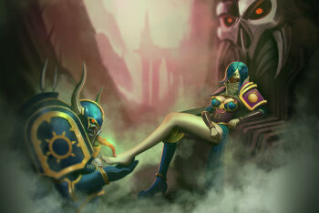 1boy 1girl absurdres adeptus_astartes armlet armor black_nails blue_dress blue_eyes blue_footwear blue_hair boots breasts chaos_(warhammer) chaos_space_marine cleavage cleavage_cutout clothing_cutout commission dante2906 dress full_armor full_body hair_over_one_eye hell helmet highres horns jewelry large_breasts licking licking_foot long_sleeves long_tongue mask medium_breasts nail_polish original outdoors pauldrons power_armor shoes short_hair shoulder_armor single_shoe sitting slaanesh_(symbol) smoke thigh_boots thousand_sons throne toenail_polish toenails tongue very_long_tongue warhammer_40k