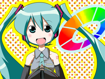 Rule 34 | 1girl, :d, aqua eyes, aqua hair, aqua necktie, black sleeves, blush, commentary request, detached sleeves, grey shirt, hatsune miku, necktie, open mouth, polka dot, polka dot background, rainbow gradient, shirt, sleeveless, sleeveless shirt, smile, solo, twintails, vocaloid, yantora (toraya)