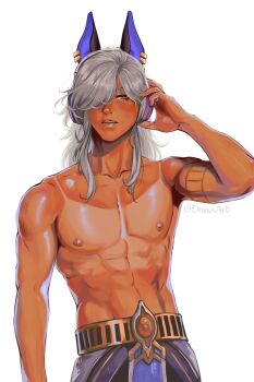 1boy abs absurdres animal_ears arm_tattoo bishounen cyno_(genshin_impact) dark-skinned_male dark_skin fake_animal_ears genshin_impact grey_hair hair_between_eyes hair_over_one_eye hand_on_headphones headphones heat_stroke_photoshoot_(meme) highres jackal_ears long_hair male_chest male_focus meme navel naya_(onaxart) nipples pectorals red_eyes revealing_tanlines simple_background solo sunburn tan tanline tanlines tattoo toned toned_male topless_male white_background