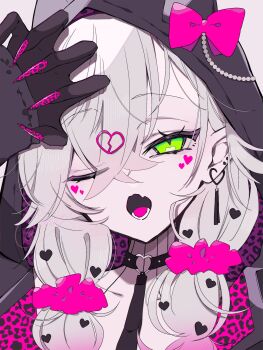 1girl collarbone commentary fate/grand_order fate_(series) gradient_hair green_eyes highres hood hoodie i10_ksw lilith_(fate) looking_at_viewer multicolored_hair nail_polish one_eye_closed open_mouth pink_hair solo white_hair