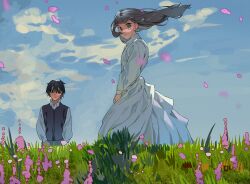 Rule 34 | 1boy, 1girl, aged down, arms at sides, blue sky, brown hair, catherine (project moon), dress, dress shirt, falling petals, floating hair, flower, grass, heathcliff (project moon), highres, ieung ieung 94286317, korean commentary, limbus company, long hair, looking at viewer, looking back, petals, project moon, purple flower, shirt, sky, white dress
