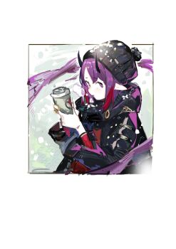 1girl absurdres arknights beanie black_coat black_hat border breath bright_pupils coat cup disposable_coffee_cup disposable_cup hat hibiscus_(arknights) hibiscus_(night_watcher)_(arknights) highres holding holding_cup horns long_sleeves looking_at_viewer pipidan pointy_ears pom_pom_(clothes) pom_pom_beanie purple_eyes purple_hair solo upper_body white_border white_pupils winter_clothes