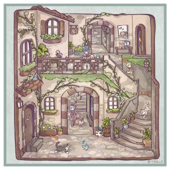 1boy 2girls animal bird black_pantyhose blue_hat border bow bowtie cat chigu closed_mouth commentary_request dog door fence floorplan flying_sweatdrops hat highres lantern long_sleeves multiple_girls musical_note original pantyhose plant potted_plant red_bow red_bowtie red_shirt shirt sleeping stairs striped_clothes striped_pantyhose twitter_username vertical-striped_clothes vertical-striped_pantyhose walking white_border window zzz