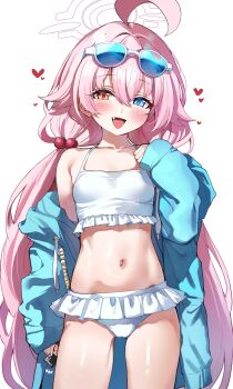 1girl absurdres ahoge bare_shoulders bikini blue_archive blue_eyes blue_jacket blush breasts condom condom_wrapper eyewear_on_head frilled_bikini frills hair_between_eyes hair_bobbles hair_ornament halo heterochromia highres hoshino_(blue_archive) hoshino_(swimsuit)_(blue_archive) jacket loli long_hair long_sleeves looking_at_viewer low_twintails navel open_clothes open_jacket open_mouth pink_hair sak_(lemondisk) small_breasts smile solo sunglasses swimsuit thighs twintails white_bikini yellow_eyes