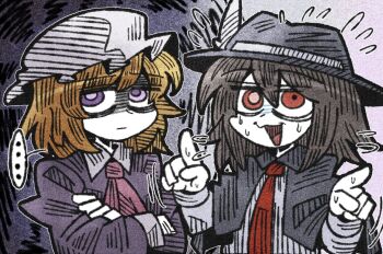 ... 2girls annoyed ascot black_capelet black_hair blonde_hair capelet collar commentary crossed_arms dress english_commentary flying_sweatdrops hair_between_eyes hat long_sleeves maribel_hearn mob_cap multiple_girls necktie pink_ascot pointing purple_dress purple_eyes red_eyes shirt short_hair sleeve_cuffs suenari_(peace) sweat touhou unamused uninterested white_collar white_hat white_shirt