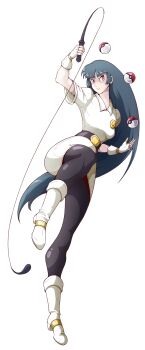 1girl black_pantyhose gloves highres long_hair nintendo pantyhose poke_ball pokemon pokemon_rgby red_eyes sabrina_(pokemon) shirt shoes skirt thighhighs whip white_gloves white_shirt white_shoes white_skirt