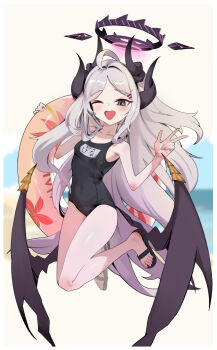 1girl ahoge bare_arms bare_legs bare_shoulders beach black_halo black_horns black_sandals black_wings blue_archive blue_one-piece_swimsuit blush breasts collarbone covered_navel demon_girl demon_horns demon_wings dot_nose feet fingernails full_body hair_ornament hair_over_shoulder hairclip halo hands_up heart-shaped_mouth highres hina_(blue_archive) hina_(swimsuit)_(blue_archive) holding holding_swim_ring horns innertube jumping keji133 loli long_hair looking_at_viewer low_wings multiple_horns name_tag ocean old_school_swimsuit one-piece_swimsuit one_eye_closed open_mouth outdoors oversized_wings purple_eyes sandals school_swimsuit simple_background small_breasts solo swim_ring swimsuit thighs toenails toes v very_long_hair w white_background white_hair wings