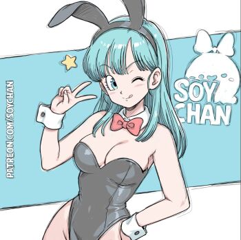 animal_ears black_leotard blue_background blue_eyes blue_hair blush_stickers bow bowtie breasts bulma commentary creative_signature dragon_ball english_commentary fake_animal_ears hair_between_eyes hair_over_shoulder hairband hand_on_own_hip large_breasts leotard long_hair looking_at_viewer one_eye_closed playboy_bunny rabbit_ears raised_eyebrows red_bow red_bowtie sidelocks soy-chan star_(symbol) thighhighs tongue tongue_out v white_background