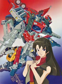 1girl absurdres autobot brown_eyes brown_hair cannon galaxy_convoy gun highres holding holding_gun holding_weapon long_hair looking_at_viewer official_art optimus_prime simple_background transformers transformers_cybertron transformers_unicron_trilogy weapon yamada_takahiro
