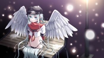 Rule 34 | 1girl, absurdly long hair, absurdres, amputee, bench, black hat, black panties, black sailor collar, blue eyes, breasts, breath, cameltoe, commentary request, commission, cowlick, double-parted bangs, feathered wings, full body, hair between eyes, hat, hibiki (kancolle), highleg, highleg panties, highres, kantai collection, lamppost, light particles, long hair, looking ahead, navel, necktie, nuno kire, on bench, oversized wings, panties, park bench, parted lips, pixiv commission, purple background, quadruple amputee, red necktie, red scarf, sailor collar, scarf, school uniform, shirt, short sleeves, side-tie panties, sidelocks, simple background, sitting, sleeve cuffs, small breasts, solo, stomach, underwear, very long hair, white hair, white shirt, white wings, wings, wooden bench