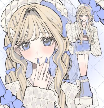 1girl 8xvly absurdres beret blonde_hair blue_eyes blue_leg_warmers blue_nails blue_skirt bow bow_earrings closed_mouth cropped_jacket earrings fingernails full_body hair_between_eyes hair_intakes hair_ornament hairclip hat highres jacket jewelry leg_warmers long_fingernails long_hair long_sleeves looking_at_viewer midriff mole mole_under_eye multiple_views nail_polish necklace open_clothes open_jacket original pearl_necklace shoes skirt smile twintails white_hat white_jacket white_shoes