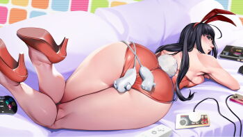 1girl ass bare_legs bare_shoulders black_hair blush breasts cable commentary_request controller cosplay couch curvy embarrassed famicom game_console game_controller genshiken high_heels highres large_breasts legs long_hair looking_at_viewer lying medium_breasts nec_corporation neo_geo nintendo object_on_ass on_stomach oono_kanako otaku otaku_room pc_engine pillow playboy_bunny rabbit_tail sega sega_mega_drive sideboob snk surprised tail thick_thighs thighs user_fahf2258 wide_hips wii