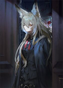 1girl animal_ear_fluff arknights black_coat black_jacket black_skirt black_vest blonde_hair blood closed_mouth coat collared_shirt fox_girl fox_tail from_side hair_between_eyes highres jacket long_hair looking_ahead necktie orange_eyes quasarcake red_necktie shirt skirt solo tail vest vulpisfoglia_(arknights) white_shirt