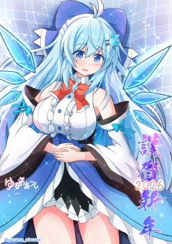 Rule 34 | 1girl, aged up, alternate hair length, alternate hairstyle, blue bow, blue eyes, blue hair, blush, bow, breasts, cirno, commentary request, detached sleeves, detached wings, dress, fairy, fairy wings, hair bow, hair ornament, highres, ice, ice wings, long hair, looking at viewer, open mouth, ribbon, skirt, smile, solo, touhou, wings, yurume atsushi