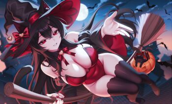 1girl animal_ears bare_shoulders black_cat black_hair black_hat black_thighhighs blurry blurry_background bow bowtie breasts broom cat cat_ears cat_girl cat_tail cleavage commentary covered_navel detached_sleeves ears_through_headwear english_commentary full_moon grin hair_between_eyes halloween halloween_bucket hat heart highleg highleg_leotard highres kiyochii lanfear large_breasts leotard long_hair looking_at_viewer moon nail_polish night outdoors outstretched_arm red_eyes red_leotard red_nails smile solo strapless strapless_leotard tail thighhighs thighs very_long_hair vrchat wide_sleeves witch_hat