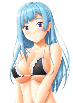1girl alternate_costume bikini blue_hair blush breasts cleavage highres hime_cut jujutsu_kaisen large_breasts long_hair maid maid_bikini miwa_kasumi sin-go smile solo swimsuit unconventional_maid white_background