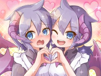 1boy 1girl abstract_background bioshii blue_eyes blush bow commentary_request crossdressing crossdressing_(mtf) demon_horns demon_wings doppel_luka_(mon-musu_quest!) eyes_visible_through_hair hair_between_eyes heart horns low_ponytail luka_(mon-musu_quest!) luka_(succubus_disguise)_(mon-musu_quest!) maid mon-musu_quest! mon-musu_quest:_paradox nose one_eye_closed open_mouth ponytail purple_bow purple_hair purple_horns purple_wings short_hair short_ponytail smile wings