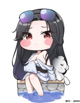 1girl arm_at_side barefoot black-framed_eyewear black_hair blue-tinted_eyewear blush breasts brown_eyes byeoljagga chibi cleavage closed_mouth commentary_request covering_breasts covering_privates eyewear_on_head floral_print full_body goddess_of_victory:_nikke hand_up japanese_clothes kimono korean_commentary korean_text long_hair long_sleeves looking_at_viewer maiden_(nikke) medium_breasts parted_bangs print_kimono purple-tinted_eyewear raised_eyebrows simple_background single_bare_shoulder single_off_shoulder sitting soaking_feet solo stuffed_toy sunglasses tinted_eyewear translation_request very_long_hair water white_background white_kimono wide_sleeves yukata