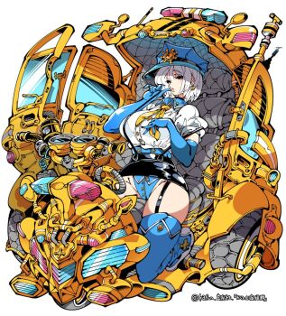1girl black_eyes boots breasts cuffs detached_sleeves earrings full_body garter_straps gold handcuffs hat huge_breasts jewelry kafun latex motor_vehicle motorcycle original panties police police_hat police_uniform policewoman shirt sitting skirt thighhighs underwear white_hair zipper
