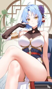 1girl absurdres ahoge bare_legs bare_shoulders blue_hair breasts brown_gloves cleavage cleavage_cutout clothing_cutout commission crossed_legs dhokidoki dress elbow_gloves feet_out_of_frame flower gloves gold_trim hair_flower hair_ornament hand_up highres looking_at_viewer medium_breasts obi original parted_lips pelvic_curtain pointy_ears sash short_hair single_elbow_glove sitting sleeveless sleeveless_dress solo tassel tassel_hair_ornament thighs vgen_commission white_dress yellow_eyes