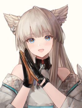 Rule 34 | 1girl, absurdres, animal ears, arknights, arknights: endfield, bare shoulders, bird ears, bird girl, black gloves, blue eyes, coconutcatcat, commentary, dress, gloves, grey hair, highres, jacket, long hair, looking at viewer, open clothes, open jacket, open mouth, palms together, perlica (arknights), simple background, sleeveless, sleeveless dress, smile, solo, two-sided gloves, upper body, watch, white background, white dress, white jacket, wristwatch, yellow gloves