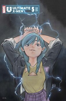 1girl absurdres aqua_hair arms_up ashida_noriko black_background black_jacket blue_eyes blue_nails braid comic_cover copyright_logo copyright_name cover cover_page electricity electrokinesis english_text highres jacket jewelry logo looking_at_viewer low_twin_braids marvel official_art peach_momoko plaid_clothes plaid_skirt pleated_skirt purple_skirt ring shirt skirt storm surge_(x-men) twin_braids ultimate_x-men_(2024) upper_body x-men yellow_shirt