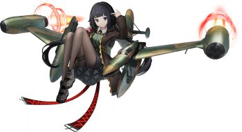 1girl black_hair blunt_bangs breasts closed_mouth full_body jacket jet_engine long_hair looking_at_viewer low_twintails sentinel_girls official_art pantyhose pointing pointing_at_self shoes shorts small_breasts solo strelka_(sentinel_girls) transparent_background twintails uniform