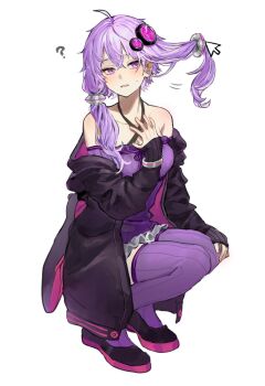 Rule 34 | 1girl, ?, ahoge, bare shoulders, black jacket, collarbone, criss-cross halter, cursor, dress, hair ornament, halterneck, hand on own knee, hashtag-only commentary, highres, iwashi (wawaisi iwasi), jacket, lifted by cursor, long sidelocks, looking at viewer, off shoulder, open clothes, open jacket, parted lips, purple dress, purple eyes, purple hair, purple thighhighs, short hair with long locks, sidelocks, simple background, solo, squatting, thighhighs, voiceroid, white background, yuzuki yukari