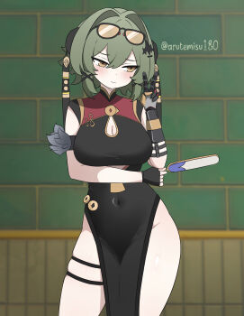 Rule 34 | 1girl, absurdres, arutemisu180, black dress, black gloves, breasts, caesar king (zenless zone zero), china dress, chinese clothes, cleavage cutout, clothing cutout, commentary, commission, cosplay, covered navel, cowboy shot, dress, english commentary, eyewear on head, fingerless gloves, gloves, green hair, hand fan, highres, holding, holding fan, large breasts, pelvic curtain, red dress, sleeveless, sleeveless dress, solo, sweety (zenless zone zero), sweety (zenless zone zero) (cosplay), tinted eyewear, tuanshan, twitter username, v, yellow-tinted eyewear, zenless zone zero