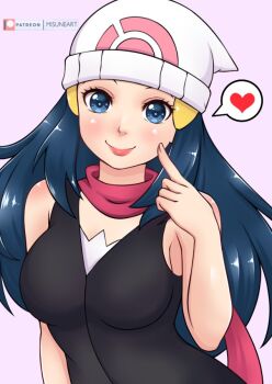 1girl beanie black_shirt blue_eyes blue_hair blush breasts dawn_(pokemon) finger_to_cheek hair_ornament hairclip hat heart long_hair looking_at_viewer medium_breasts misune_art nintendo pink_background poke_ball_print poke_ball_symbol pokemon pokemon_dppt print_headwear red_scarf scarf shirt sleeveless sleeveless_shirt smile speech_bubble spoken_heart standing upper_body white_hat