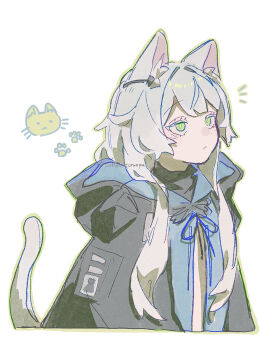 1girl animal_ear_fluff animal_ears arknights artist_name black_jacket blue_ribbon bright_pupils closed_mouth coffee_toranpu commentary_request cropped_torso green_eyes grey_hair grey_tail highres jacket long_hair looking_ahead neck_ribbon notice_lines ribbon rosmontis_(arknights) simple_background solo tail tail_raised twitter_username watermark white_background white_pupils