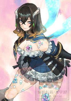 1girl bare_shoulders black_hair bloodstained:_ritual_of_the_night bloodstained_(series) blue_dress blue_eyes breast_tattoo breasts brown_hair cleavage commentary_request cowboy_shot dress horns leg_tattoo miriam_(bloodstained) multicolored_hair pink_background rosie_rosie short_hair smile solo strapless strapless_dress tattoo two-tone_hair