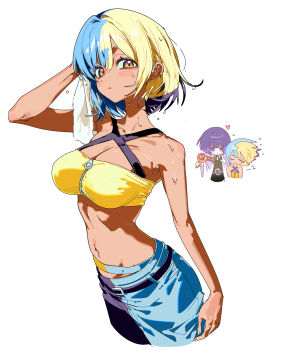 Rule 34 | 2girls, 5oh5s2, absurdres, alternate hairstyle, aqua hair, bandeau, bare shoulders, belt, black dress, blonde hair, blue eyes, blunt bangs, blush, breasts, canari (pokemon), cleavage, closed eyes, closed mouth, coat, criss-cross straps, dark-skinned female, dark skin, dress, drying, drying another's hair, drying hair, gen 4 pokemon, gwynn (pokemon), hair dryer, heart, highres, holding, holding hair dryer, large breasts, long sleeves, looking at viewer, mega stone, multicolored hair, multiple girls, naked towel, navel, nintendo, o-ring, o-ring belt, open clothes, pants, pokemon, pokemon legends: z-a, purple eyes, purple hair, rotom, short hair, smile, split-color clothes, split-color hair, sports bra, sweat, towel, two-tone hair, two-tone pants, white coat, yellow bandeau, yellow sports bra