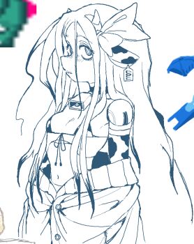 Rule 34 | 1girl, @ @, animal ear hairband, animal ears, black choker, blush, bow, breasts, catseye (dizzyspells), choker, cow ears, cow print, cow print bikini, cowbell, dizzyspells, doll, doll joints, ear tag, fake animal ears, hair between eyes, hair bow, hairband, joints, long hair, looking at viewer, looking to the side, midriff, monochrome, navel, off-shoulder jacket, off shoulder, original, print bikini, small breasts, solo, white background