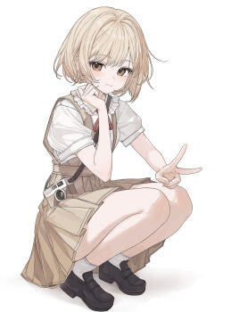 Rule 34 | 1girl, black shoes, blonde hair, blush, brown eyes, brown skirt, camera, closed mouth, collared shirt, commentary, full body, hand up, highres, karyln, looking at viewer, neck ribbon, original, pleated skirt, red ribbon, ribbon, shirt, shoes, short hair, short sleeves, simple background, skirt, smile, socks, solo, squatting, symbol-only commentary, v, white background, white shirt, white socks