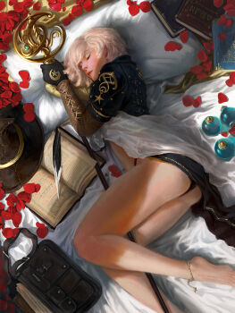1girl anklet ass bag bed black_panties book commentary english_commentary gloves hanho_lee hat highres holding holding_staff jacket jewelry legend_of_the_cryptids lying on_bed on_side panties petals pillow potion quill rose_petals satchel short_hair solo staff underwear witch_hat