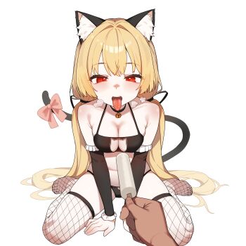 1girl absurdres animal_ear_fluff animal_ears bell black_panties blonde_hair bow breasts cat_cutout cat_ears cat_lingerie cat_tail center_opening cleavage clothing_cutout collar detached_sleeves fishnet_thighhighs fishnets food frilled_sleeves frills highres holding holding_food holding_popsicle low_twintails neck_bell open_mouth original panties pink_bow popsicle red_eyes sexually_suggestive simple_background sitting solo_focus tail tail_bow tail_ornament thighhighs tongue tongue_out twintails underwear wariza white_background yunjuice
