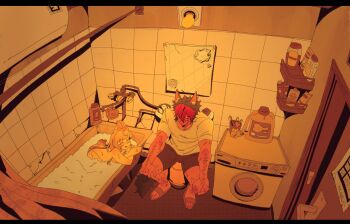 Rule 34 | 1boy, 1girl, alice thymefield, animal ear fluff, animal ears, bath, bathing, bathroom, black hair, black shorts, blonde hair, blush, closed eyes, closed mouth, completely nude, door, from above, hair between eyes, highres, indoors, komano manato, leaning on object, light bulb, long hair, mirror, multicolored hair, nude, open mouth, papertrlck, rabbit ears, rabbit girl, rabbit tail, red hair, shirt, shorts, slippers, sweat, t-shirt, tail, toothbrush, washing machine, wet, white shirt, zenless zone zero