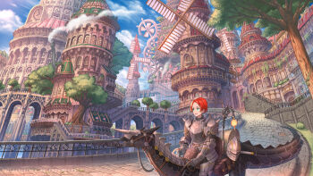 1girl armor artist_name blue_eyes blue_sky bridge clock clock_tower cloud commentary_request day fantasy grass helmet highres nagi_itsuki open_mouth original outdoors parted_bangs railing red_hair scenery short_hair sitting sky smile smoke solo stairs tower tree unworn_headwear unworn_helmet windmill window