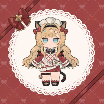 Rule 34 | 1girl, alternate costume, animal ears, aqua eyes, bell, black bow, black gloves, black hairband, black shoes, blonde hair, bow, bowtie, cat ears, cat tail, chibi, chibi only, closed mouth, commentary, enmaided, full body, gloves, granblue fantasy, hairband, hibana (hibana ztlv), juliet sleeves, long hair, long sleeves, looking at viewer, maid, maid headdress, no pupils, puffy sleeves, red bow, shoes, solo, straight-on, striped bow, striped bowtie, striped clothes, symbol-only commentary, tail, thigh strap, very long hair, white headdress, zeta (granblue fantasy)