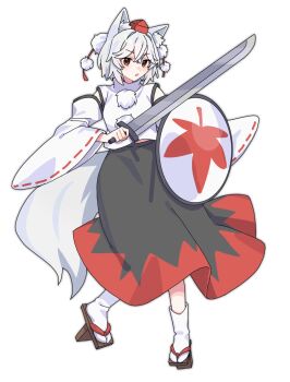 Rule 34 | 1girl, animal ear fluff, animal ears, black skirt, brown sandals, commentary request, detached sleeves, full body, geta, grey hair, hat, highres, holding, holding shield, holding sword, holding weapon, inubashiri momiji, looking at viewer, nnn lu, one-hour drawing challenge, open mouth, red eyes, red hat, red skirt, ribbon-trimmed sleeves, ribbon trim, sandals, shield, short hair, skirt, socks, solo, sword, tail, tengu-geta, tokin hat, touhou, two-tone skirt, weapon, white socks, wolf ears, wolf girl, wolf tail