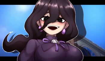 1girl black_eyes black_hair breasts dress earrings hex_maniac_(pokemon) hex_maniac_(pokemon_legends:_z-a) highres jewelry jodlesd looking_at_viewer medium_breasts nintendo open_mouth pokemon pokemon_legends:_z-a purple_dress smile solo teeth upper_body upper_teeth_only