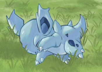 Rule 34 | caramel pkmn, closed eyes, commentary request, gen 1 pokemon, grass, highres, lying, nidorina, nintendo, no humans, on grass, on ground, on side, outdoors, pokemon, pokemon (creature), sleeping