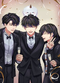 1girl 2boys absurdres alcohol animal animal_on_head arm_around_neck biyoo_(omniscient_reader&#039;s_viewpoint) black_coat black_eyes black_hair black_vest bow bowtie celebration champagne closed_eyes coat collared_shirt confetti cowboy_shot cup curtained_hair drinking_glass formal_clothes grin han_sooyoung highres kim_dokja looking_at_another multiple_boys omniscient_reader&#039;s_viewpoint on_head saihachi06 shirt short_hair smile streamers striped_clothes striped_shirt v vest white_shirt wine_glass yoo_joonghyuk